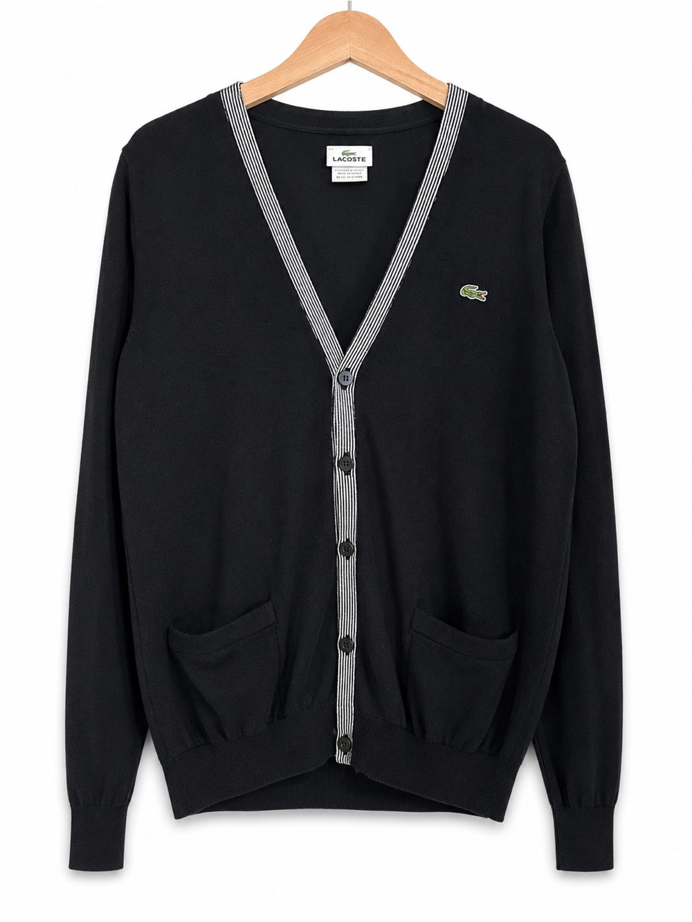 Lacoste Black Cardigan with Contrast Stripe Trim worn once like new